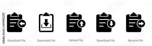A set of 5 Document icons as download file, upload file, receive file