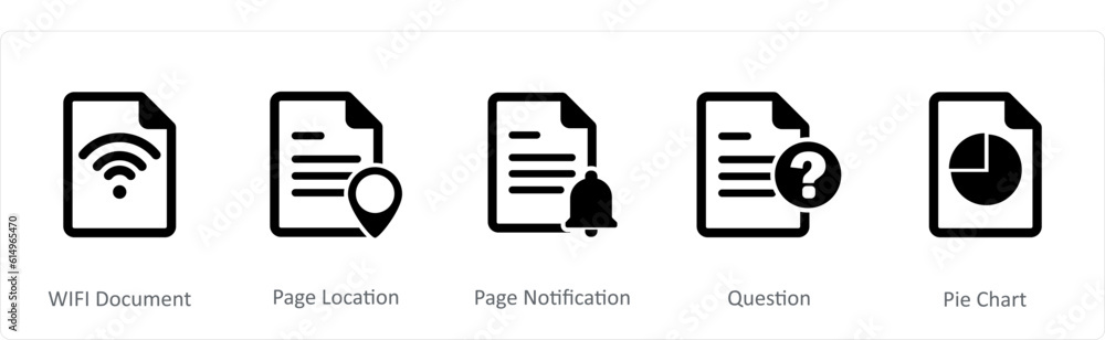 A set of 5 Document icons as wifi document, page location, page notification A set of 5 Document icons as wifi document, page location, page notification