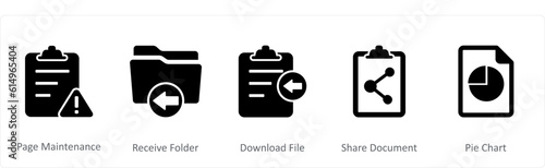 A set of 5 Document icons as page maintenance, receive folder, download file
