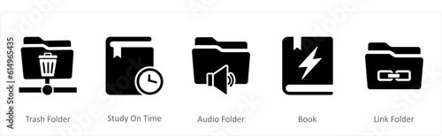 A set of 5 Document icons as trash folder, study on time, audio folder