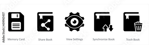 A set of 5 Document icons as memory card, share book, view settings 