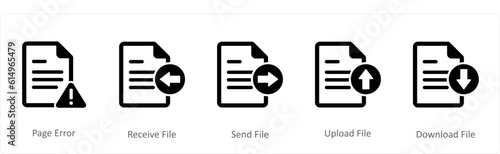 A set of 5 Document icons as page error, receive file, send file 