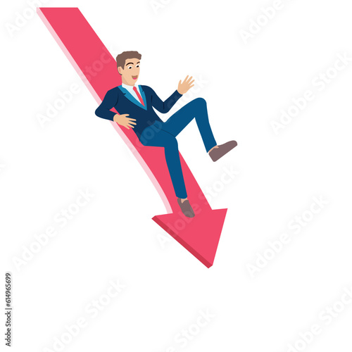 Businessman Falling Off Downward Arrow. Symbol of bankruptcy, failure, recession, crisis and financial losses on stock exchange market. Eps10 vector illustration.