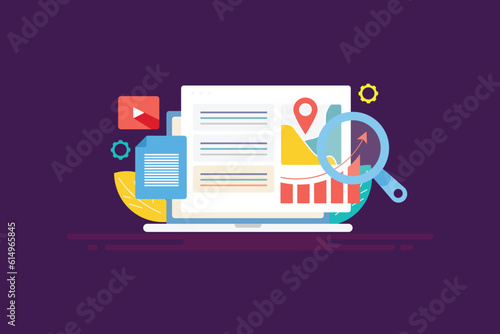 Search engine ranking contextual web link, business location and website traffic visitors' growth analytics, SEO traffic web banner vector illustration. 