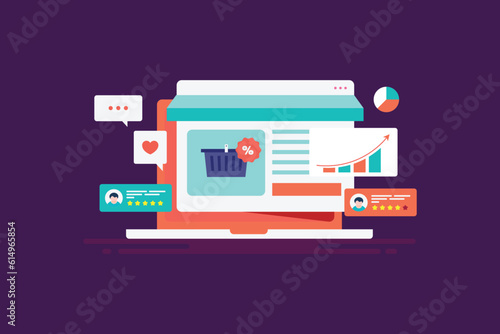 Online shopping store increase sales graph on dashboard, customer review positive feedback for ecommerce business growth displays on laptop, vector illustration web banner.