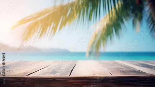 Empty wooden table in front of blue sky, summer sea with palm leaf, blurred bokeh background
