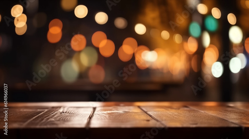 Empty wooden table in front of restaurant neon lights, blurred bokeh background