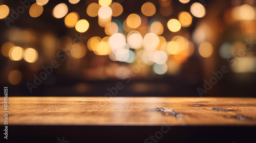 Empty wooden table in front of restaurant neon lights, blurred bokeh background