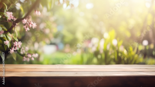 Empty old wooden table with spring flower