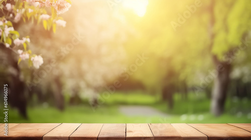 Empty old wooden table with spring flower