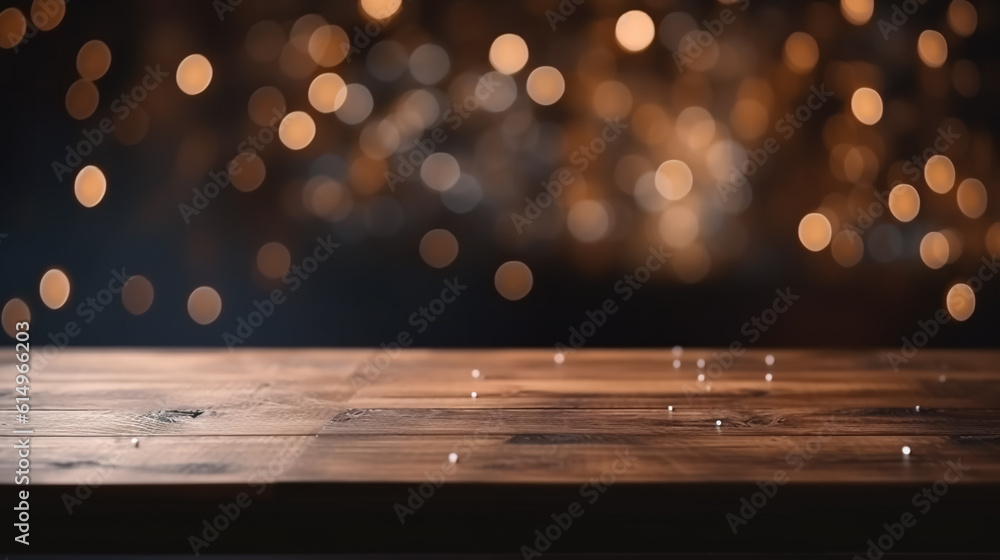 Empty Wooden table with blurred bokeh lights background Empty Wooden table with blurred bokeh lights background