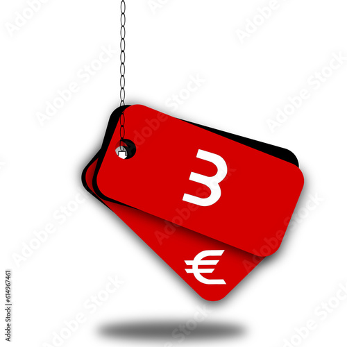 3 euro red tag. Three white euro.