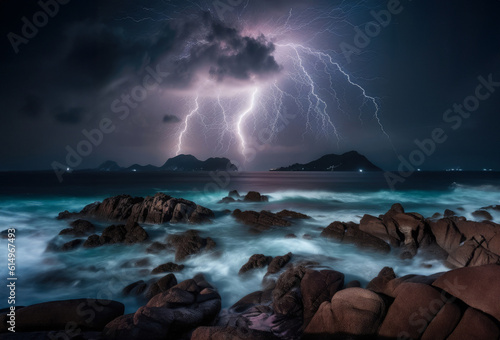 Nature's Electrifying Spectacle Lightning Cracks the Sky, Illuminating the Majestic Sea and Towering Mountains