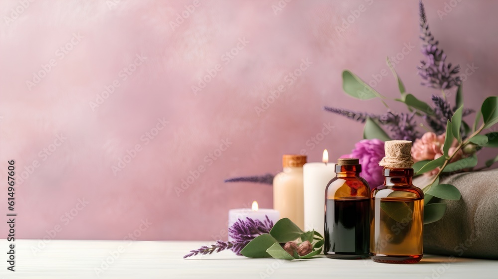 Aroma therapy concept, where a composition of essential oil bottles and candles sets the mood. Relaxation and stress relief through the use of natural plant extracts. Generative AI Aroma therapy concept, where a composition of essential oil bottles and candles sets the mood. Relaxation and stress relief through the use of natural plant extracts. Generative AI