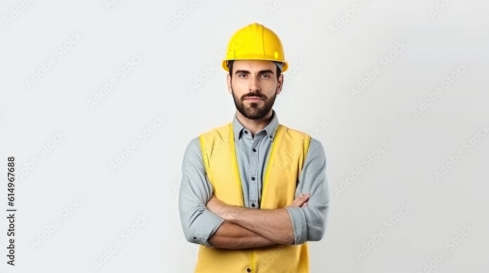Portrait young architect man engineering wearing yellow helmet on white background
