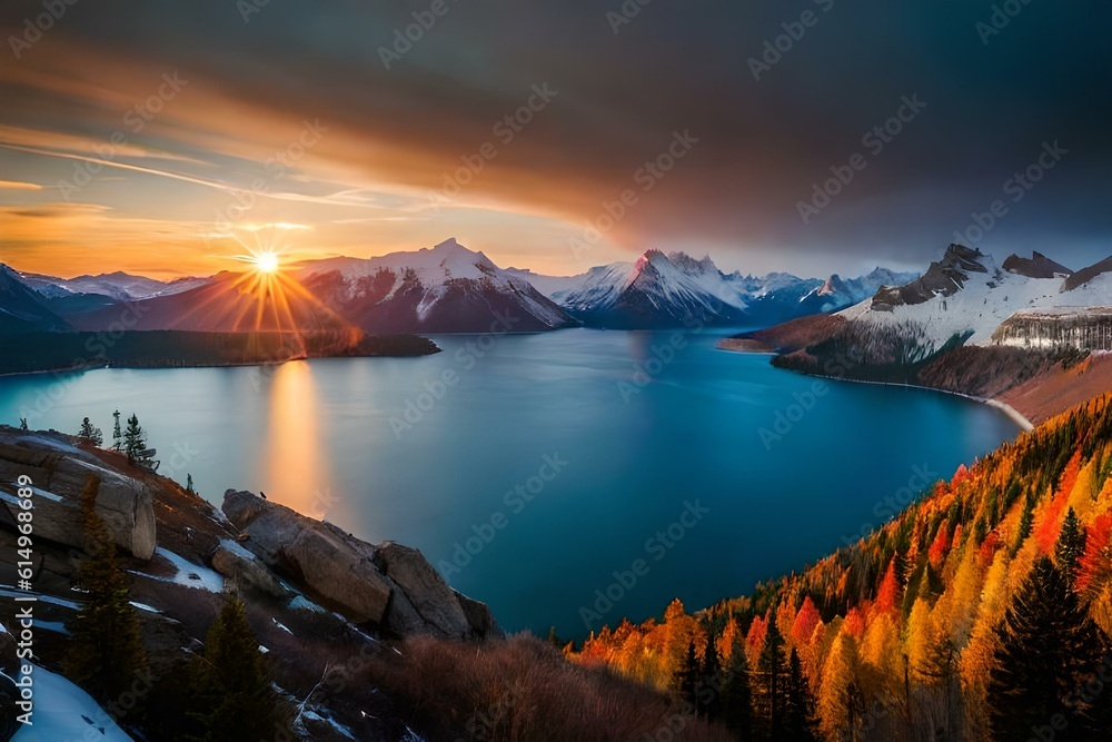 sunset over the river wallpaper background natural beauty generated by AI