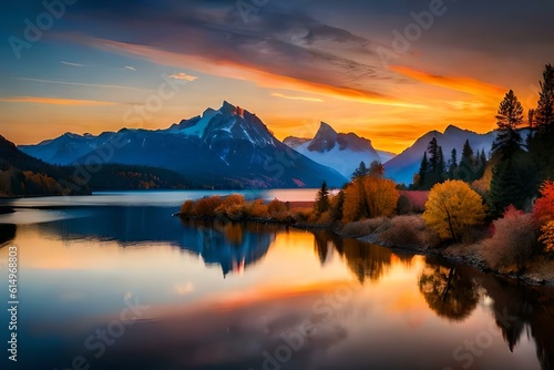sunset over the river wallpaper background natural beauty generated by AI
