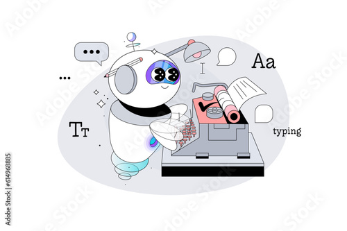 Robot Artificial Intelligence Writer is Typing on a Typewriter. Ai machine Comes up with Text. Neural network copywriter writing an article. Vector illustration.