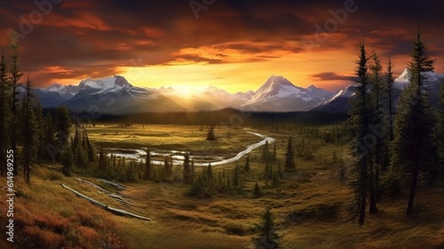 beautiful view of sunrise with majestic misty mountains. generative AI © maretaarining