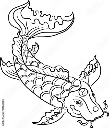 koi carp vector isolate for tattoo.Japanese carp drawing.Hand drawn line art of fish (Koi carp). Vector isolated. Idea for tattoo and coloring books.