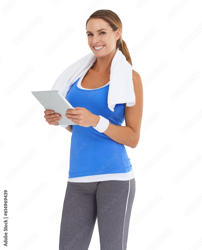 Fitness, portrait of a woman with tablet and smile isolated against a transparent png background for workout. Exercise or training, sportswear and happy female athlete pose for health wellness on app Fitness, portrait of a woman with tablet and smile isolated against a transparent png background for workout. Exercise or training, sportswear and happy female athlete pose for health wellness on app