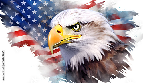 american bald eagle with flag white back ground 