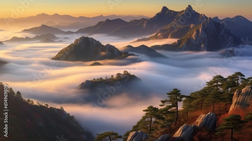 beautiful view of sunrise with majestic misty mountains. generative AI