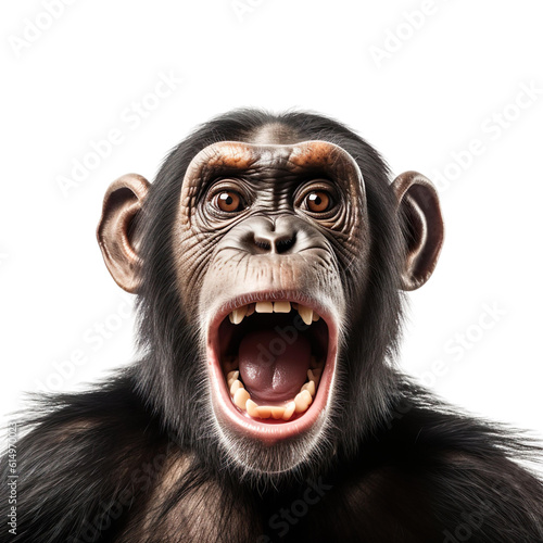 front view of ferocious looking Chimpanzee animal looking at the camera with mouth open isolated on a transparent background  © SuperPixel Inc