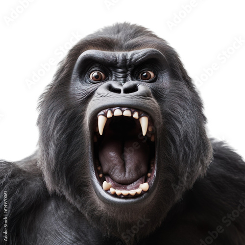Fotografia front view of ferocious looking Gorilla animal looking at the camera with mouth