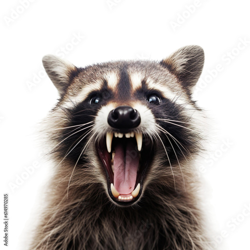 front view of ferocious looking rabid Raccoon animal looking at the camera with mouth open isolated on a transparent background 