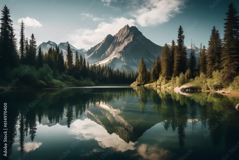 Scenic Natural Landscape: A serene mountain range with a crystal-clear lake reflecting the surrounding peaks. Lush greenery, towering trees, and a hint of sunlight piercing through the clouds.