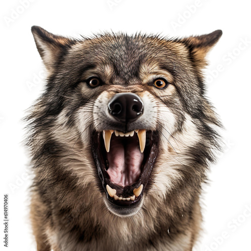 Fotografia front view of ferocious looking Wolf animal looking at the camera with mouth ope