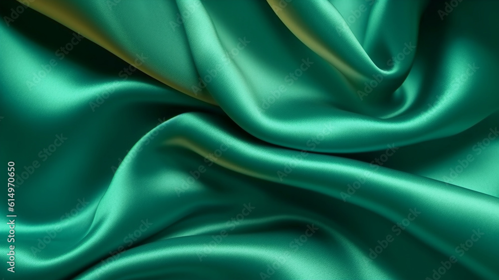 Obraz premium Satin silk fabric background. Rippling scarf texture. Luxury shiny wallpaper in Green.