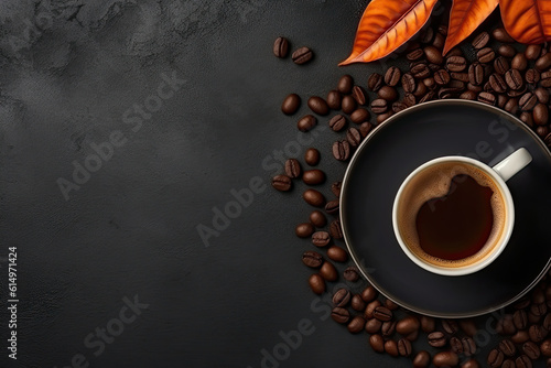 Cup of coffee on wooden background. Top view with copy space
