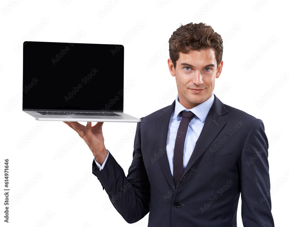 Business, man and portrait with laptop screen isolated on transparent png background with review or feedback. Presentation, computer and employee showing web information, mockup or project space. Business, man and portrait with laptop screen isolated on transparent png background with review or feedback. Presentation, computer and employee showing web information, mockup or project space.