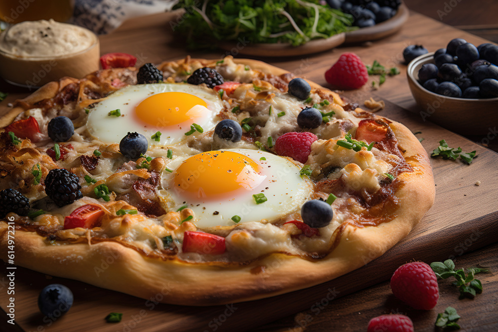 Breakfast pizza. Close-up pizza with egg and fruit berries on the table with ingredients Breakfast pizza. Close-up pizza with egg and fruit berries on the table with ingredients