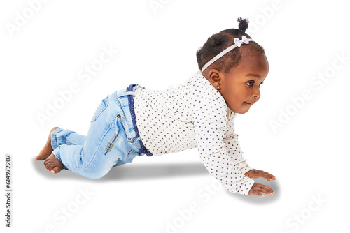 Healthy, crawling and baby girl for child development, growth and learning. Innocent, cute toddler or black infant kid crawl on floor with fashion clothes isolated on a transparent, png background