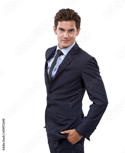 Portrait, fashion and business man with formal style on isolated, transparent and png background. Stylish, suit and confident male manager posing with confidence, trendy or professional clothing