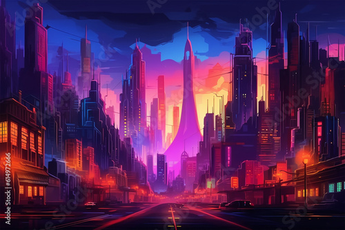 Generative AI. anime style scenery background of a city at night