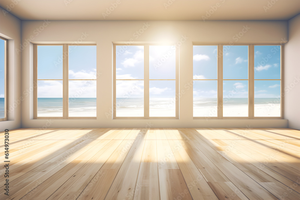 Obraz premium Creative interior concept. Wide large window oak wooden room gallery opening to beach sunny blue skies landscape. Template for product presentation. Mock up 