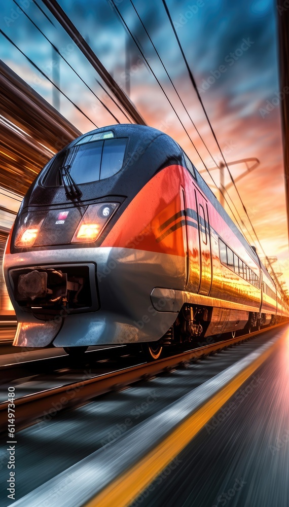 High speed train in motion on the railway station at sunset. Fast moving modern passenger train on railway platform. Railroad with motion blur effect. Generative ai - obrazy, fototapety, plakaty 