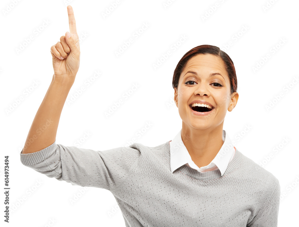 Business woman, pointing finger and smile on face isolated on a transparent, png background. Professional female person point up for announcement, advertising and promotion information with hands Business woman, pointing finger and smile on face isolated on a transparent, png background. Professional female person point up for announcement, advertising and promotion information with hands
