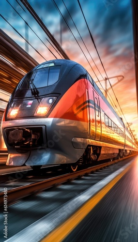 High speed train in motion on the railway station at sunset. Fast moving modern passenger train on railway platform. Railroad with motion blur effect. Generative ai