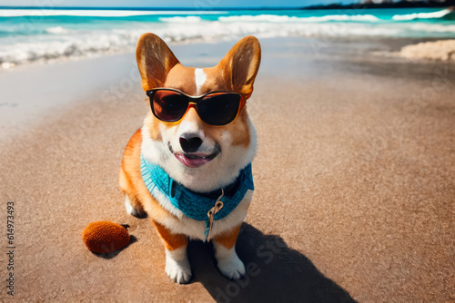 Digital photo of a cute Corgi lies on the tropical beach on a sunny day. Wildlife imagery, the concept of ecological environment. Generative AI © mikhailberkut