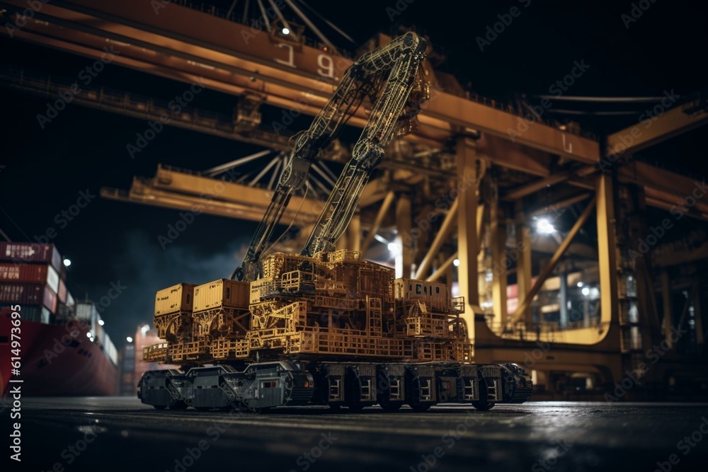 Cargo crane unloading freight ship at port. Generative AI