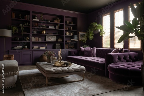 Slika na platnu A cozy living room in shades of purple, with a comfortable chaise lounge and practical shelves