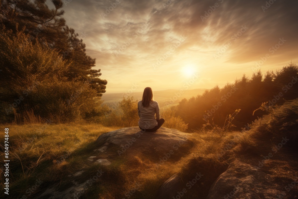 Young woman meditating on top of a mountain and enjoying the view at sunset, Generative AI