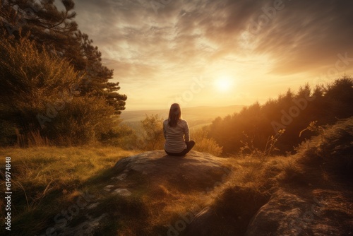 Young woman meditating on top of a mountain and enjoying the view at sunset  Generative AI