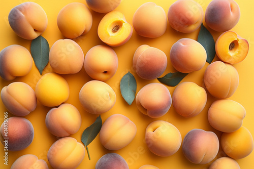 Top view of apricot fruits on yellow background