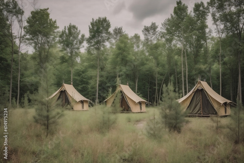 tent forest glamping luxury canvas vacation light travel nature camping. Generative AI. © SHOTPRIME STUDIO